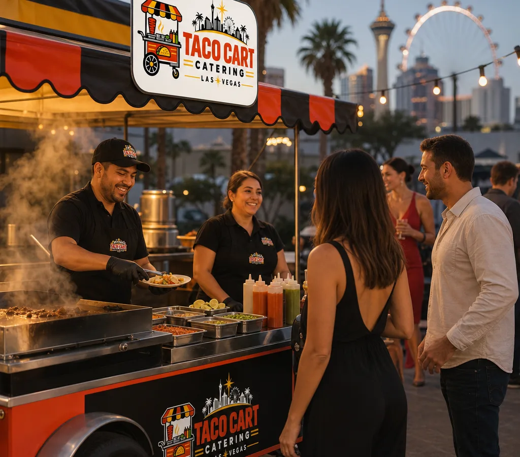 Staffed taco catering station serving guests at an outdoor Las Vegas event