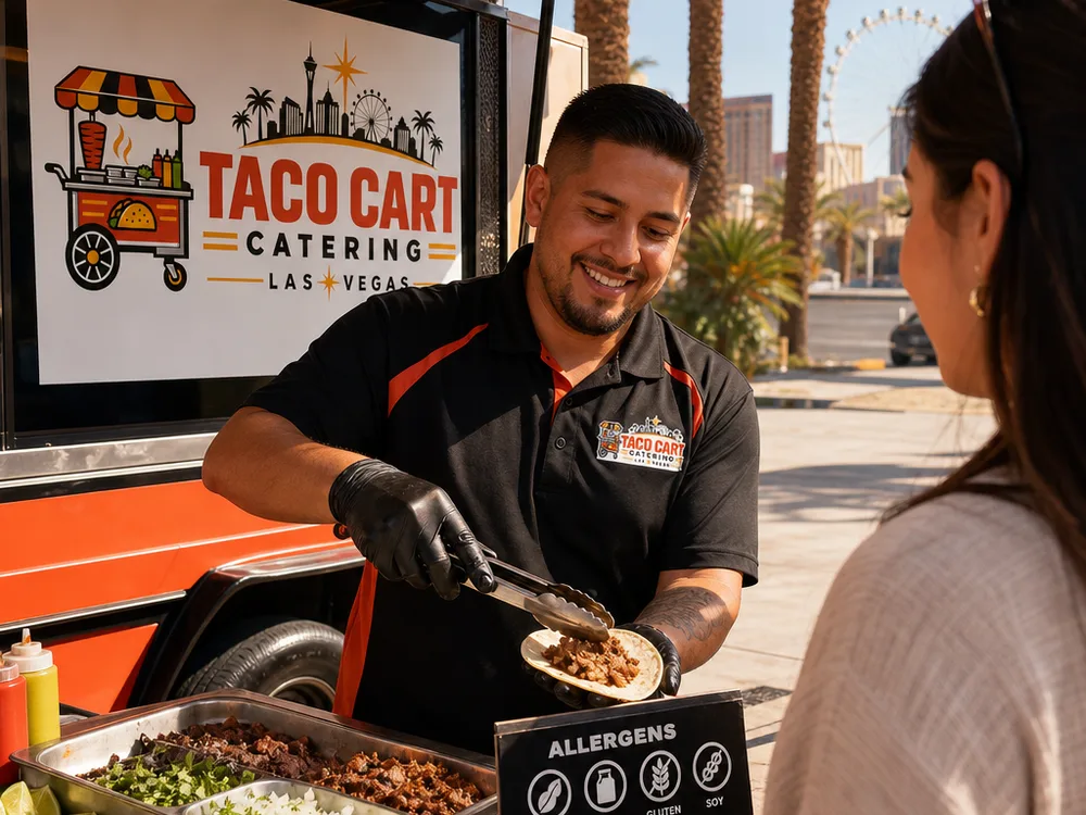 Taco catering station with tortillas, proteins, toppings, limes, salsas and allergen signage