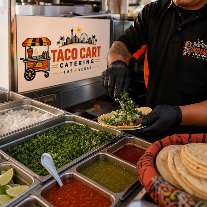 Taquiza topping station with chopped onion, cilantro, lime wedges, distinct salsas and warm tortillas