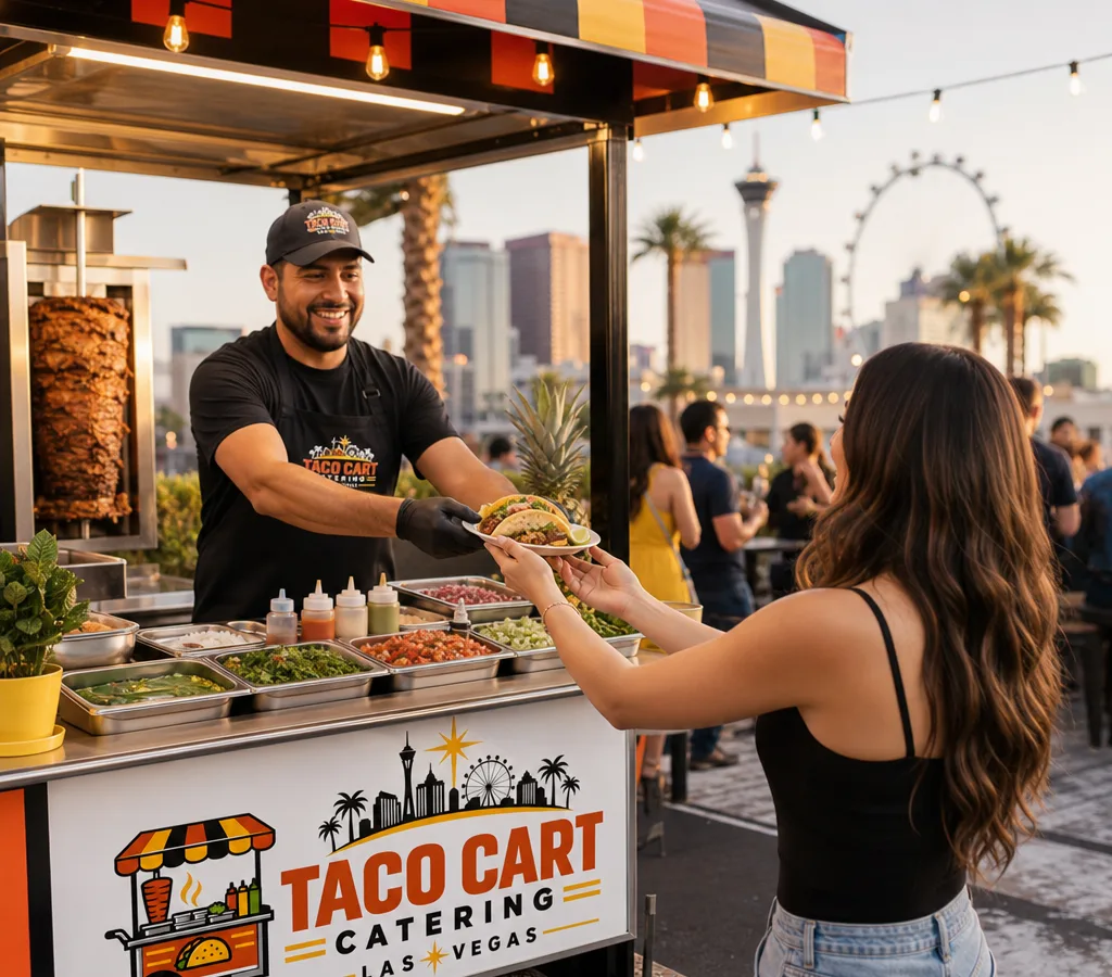A clean taco cart setup at an outdoor Las Vegas event with a taquero serving tacos and neatly arranged salsa toppings
