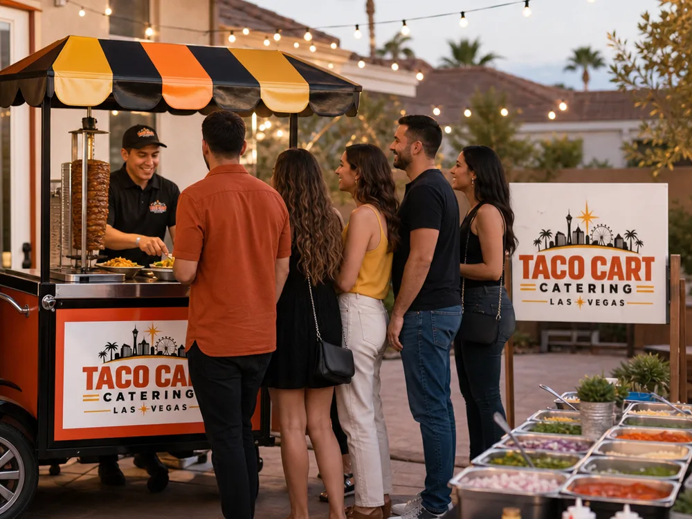 Taco cart on a residential Las Vegas patio with string lights, a clear guest queue and tidy topping station