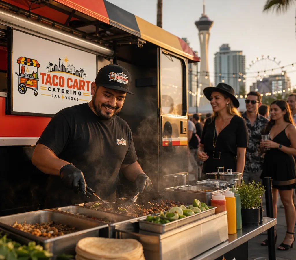 A taco man setup at an outdoor Las Vegas event with a flat-top grill, steam table, fresh tortillas, and a small guest line
