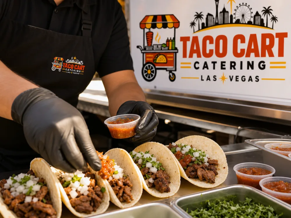 Close-up of tacos being assembled with fresh tortillas, grilled meat, chopped onions, cilantro, and salsa cups ready for guests