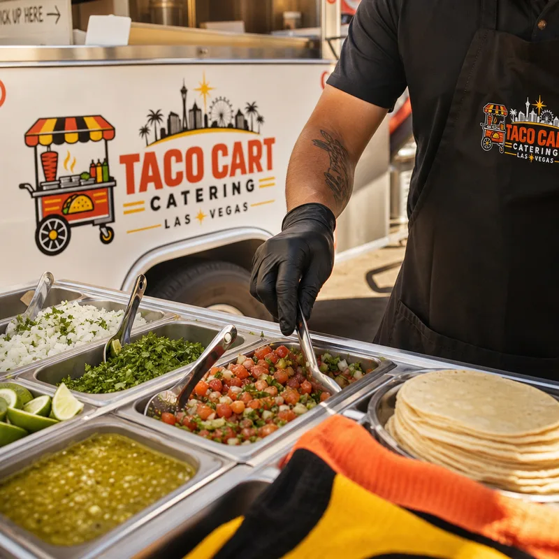 Close-up of diced onion, cilantro, limes, pico de gallo, salsa verde, salsa roja, tortillas, and serving utensils