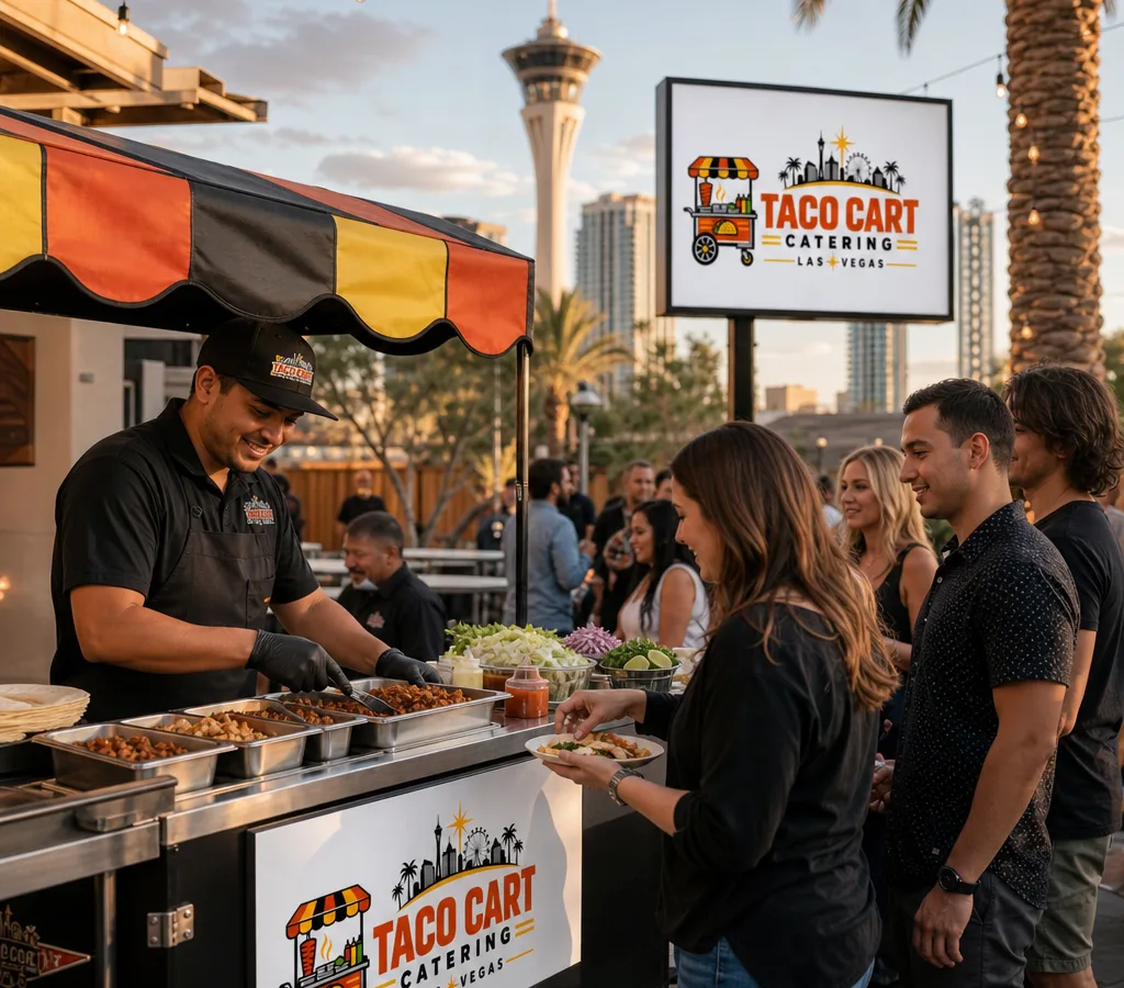 Outdoor Las Vegas event with a staffed taco bar, fresh toppings, tortillas, proteins, and guests building tacos