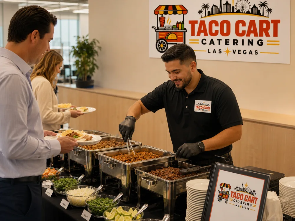 Indoor Las Vegas corporate lunch with a compact taco bar, organized toppings, plates, and staffed protein service