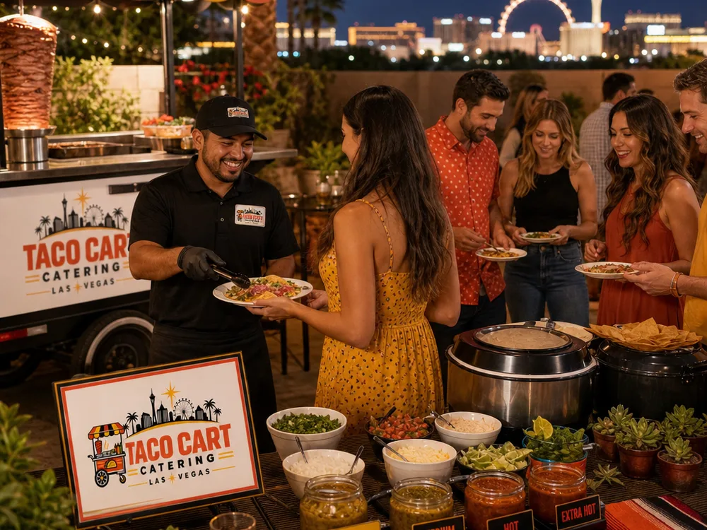 Backyard Las Vegas evening party with string lights, warm tortillas, taco toppings, labeled salsas, and guests building plates