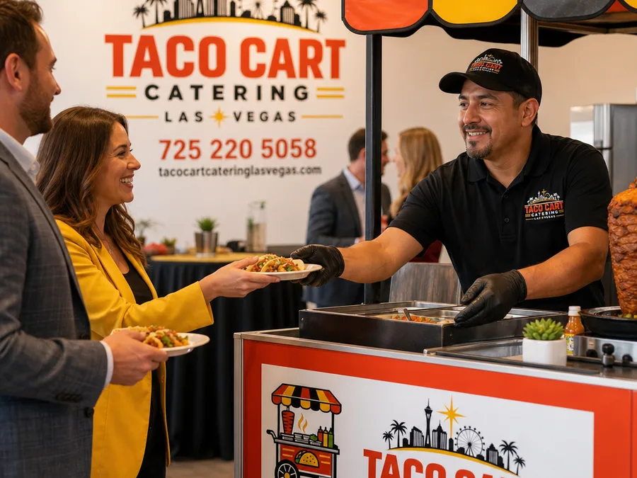A crew member setting up a taco serving line with labeled salsas, limes, cilantro, onions, and warm tortillas at a Las Vegas venue loading area