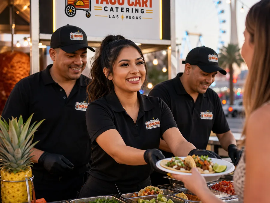 Taco Cart Catering Las Vegas team assembling tacos and serving event guests