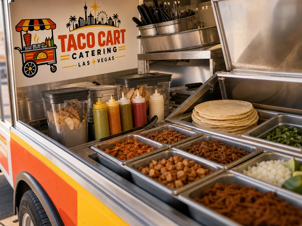 Organized taco cart workspace with protein pans, tortillas, utensils and food-safe storage during service